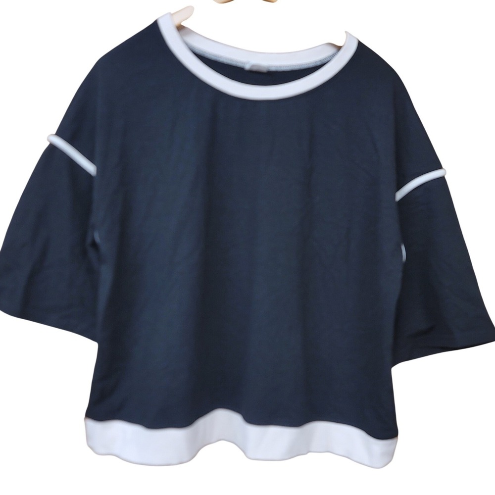 Evaless Womens Black Contrast Trim Relaxed Boxy Short Sleeve Top Size L